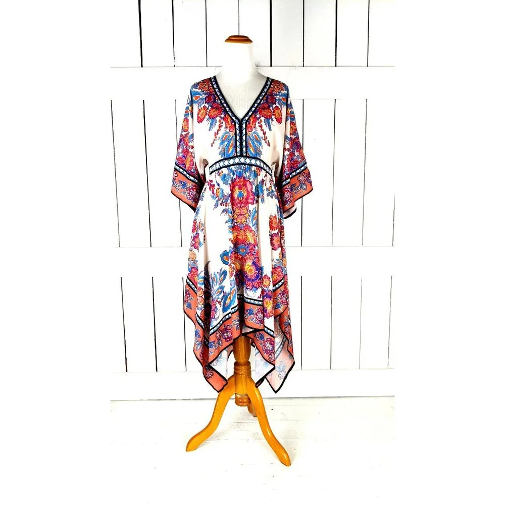 Y2K floral handkerchief hem midi wide sleeve kimono dress - Picture 1 of 6